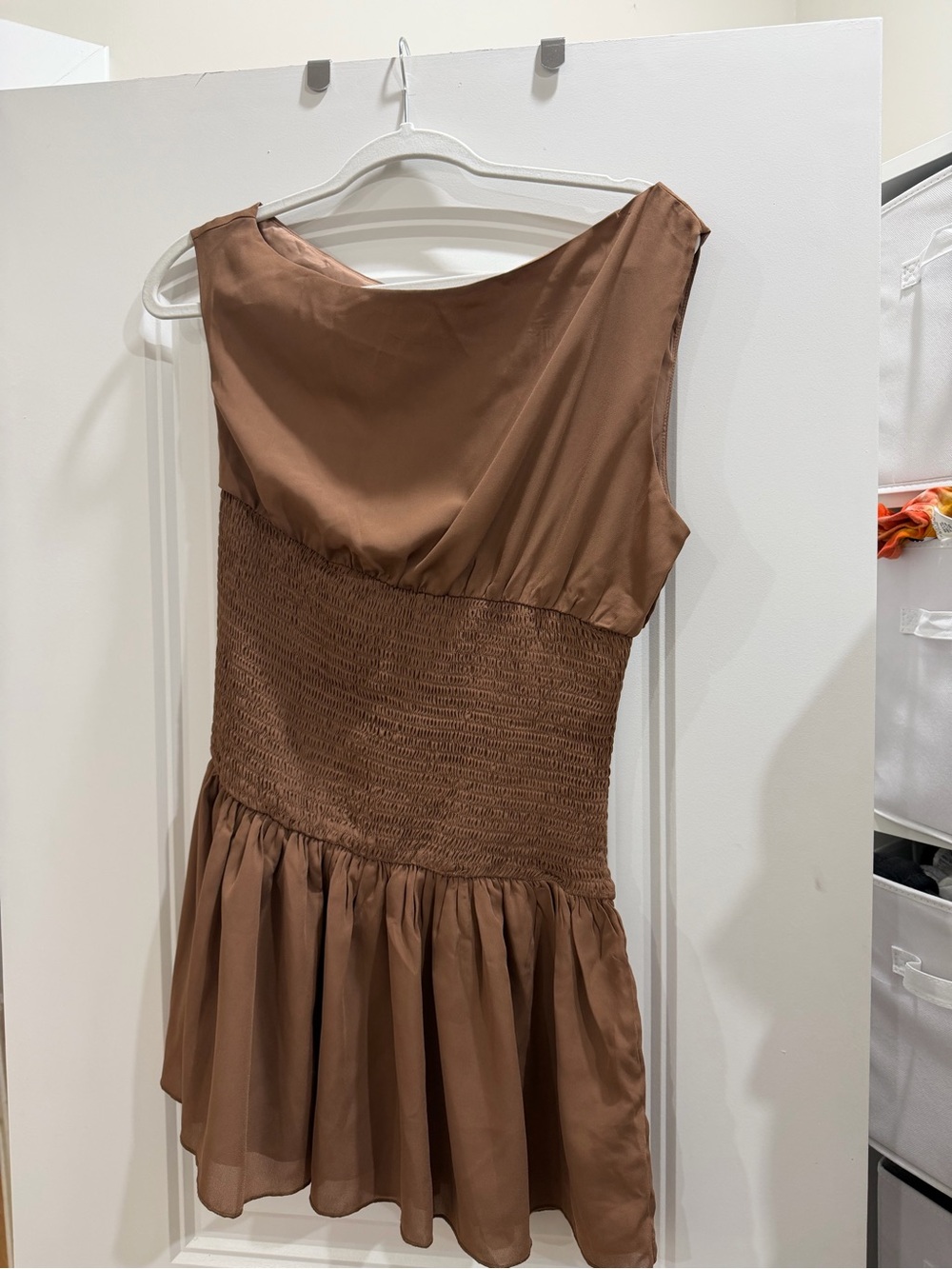 One-Shoulder Brown Smocked-Waist Dress